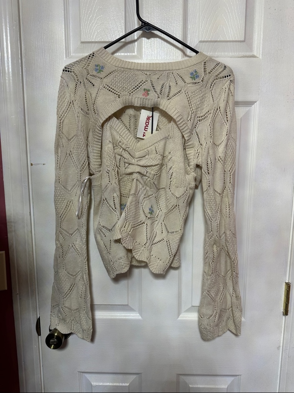 Freshman Cream Lace-Up Off-Shoulder Knit Sweater with Floral Embroidery